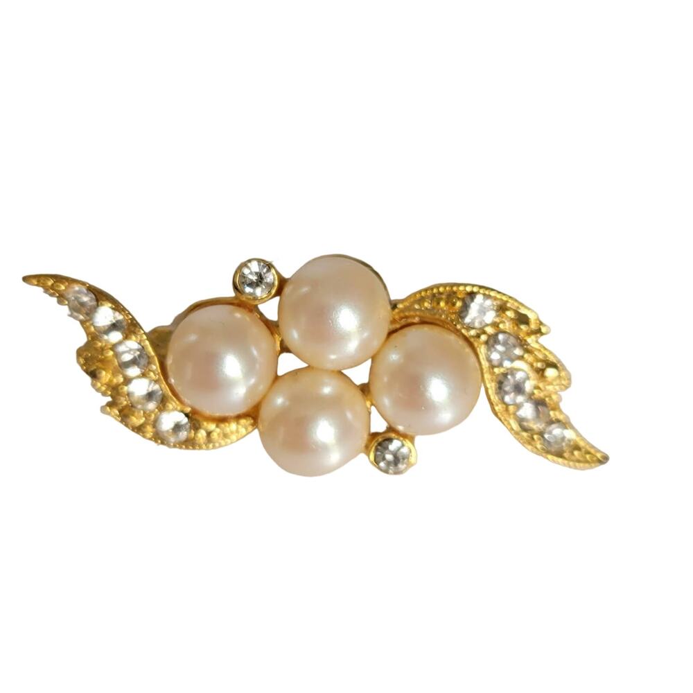 Vintage Richelieu Brooch Women's Gold tone Faux Pearl Clear Rhinestones Signed